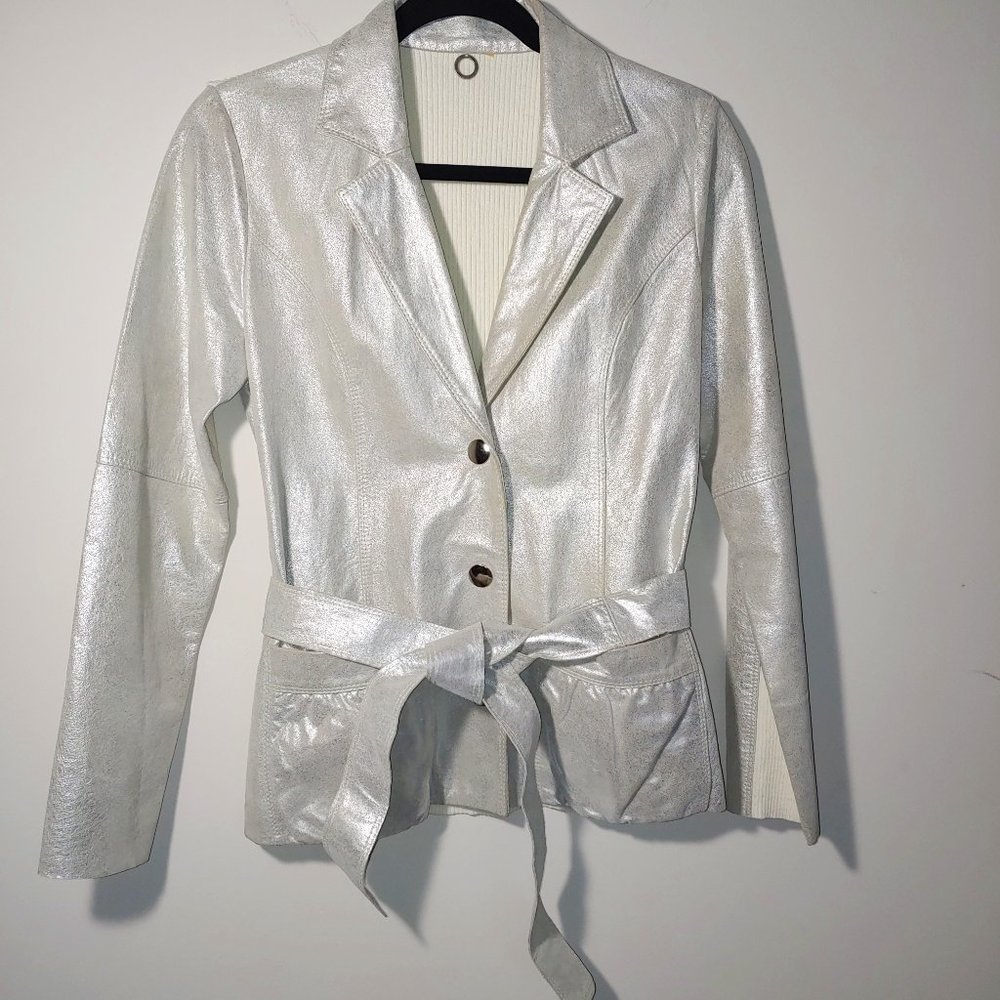 One Girl Who Genuine Leather & Sweater Knit 3 Snap Buttons Blazer Size S Silver